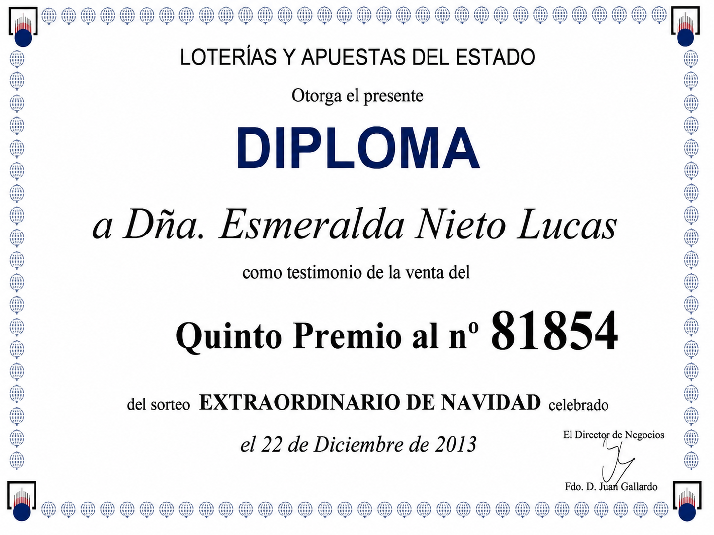 Quinto Premio de Navidad 81854 vendido en Loterías Montellano