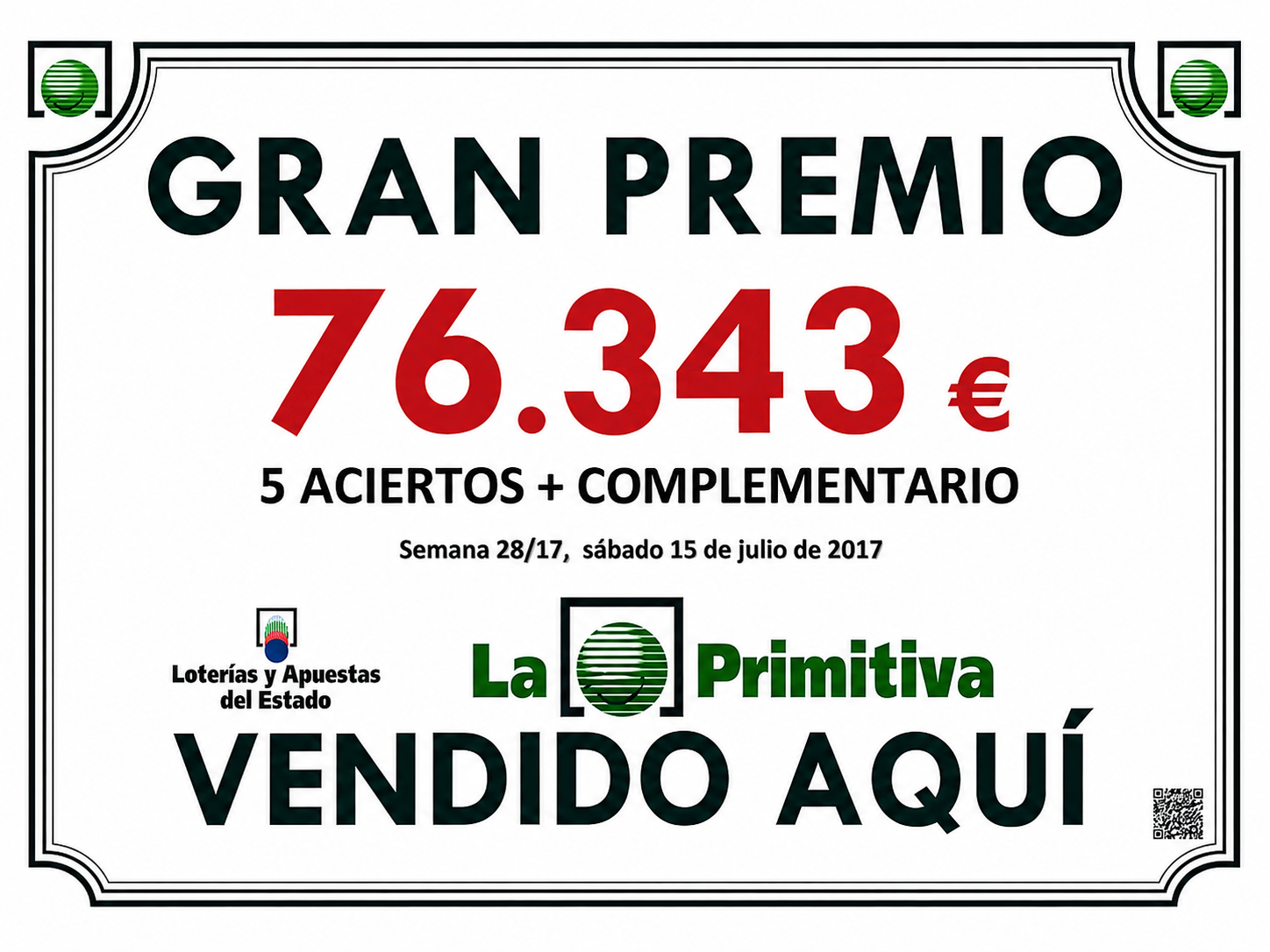 Premio de La Primitiva de 76343 euros vendido en Loterías Montellano