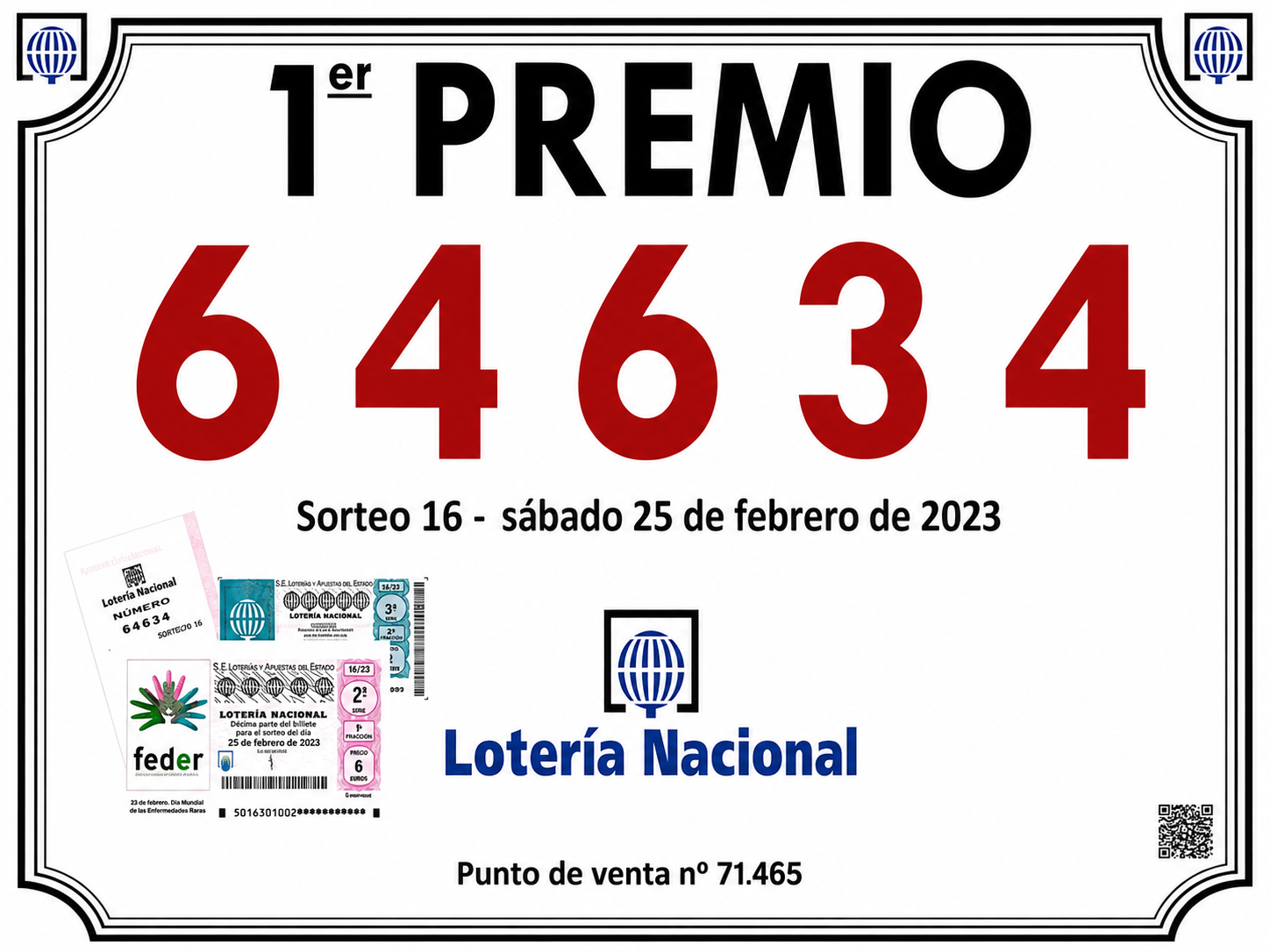 Primer Premio 64634 vendido en Loterías Montellano
