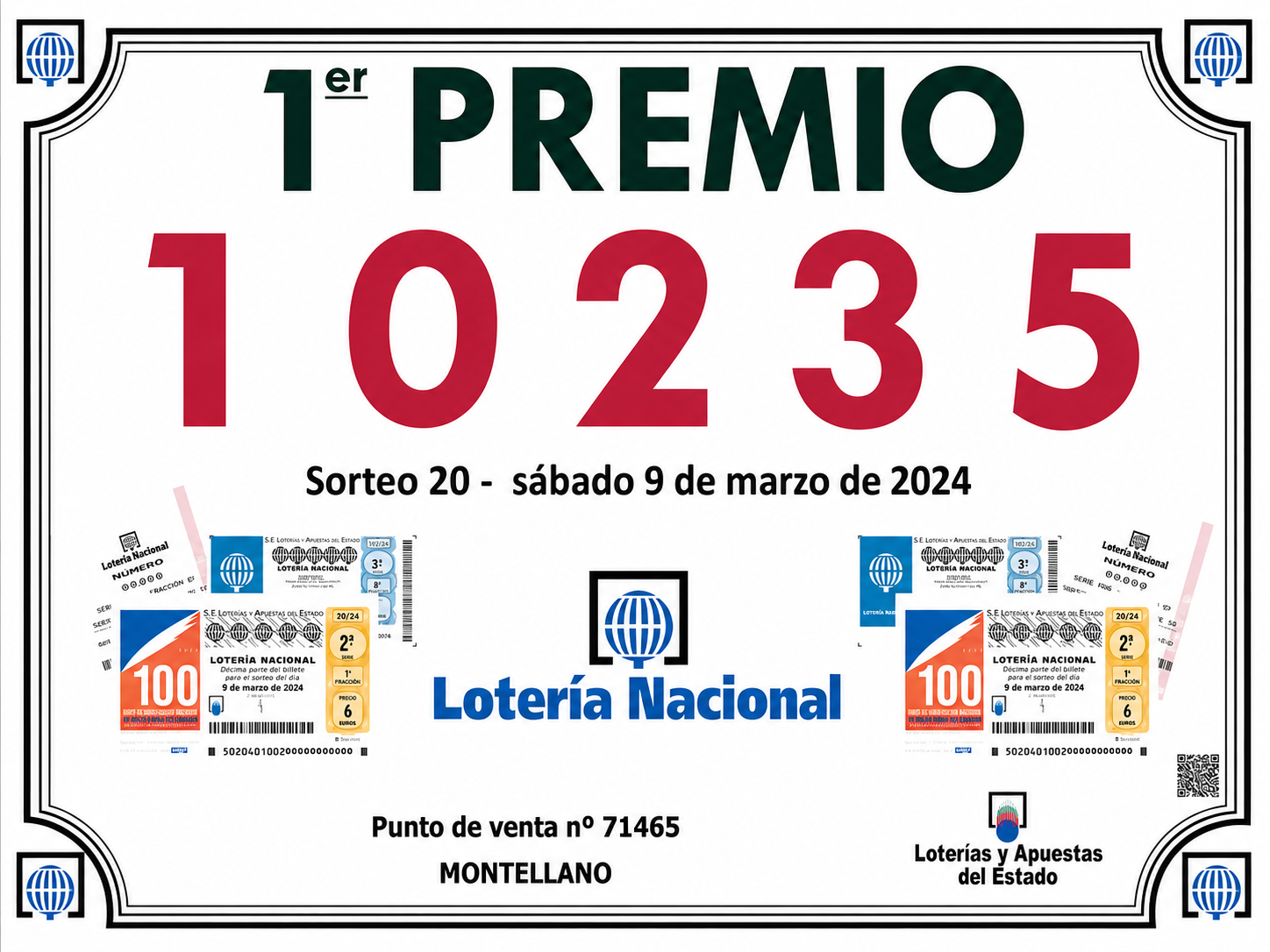 Primer Premio 10235 vendido en Loterías Montellano