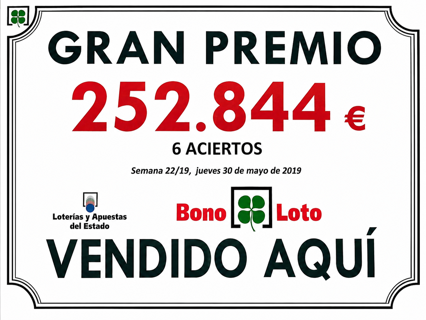 Premio Bonoloto de 252844 euros vendido en Loterías Montellano
