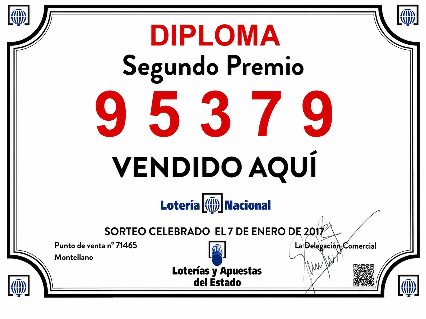 Segundo Premio 95379 vendido en Loterías Montellano