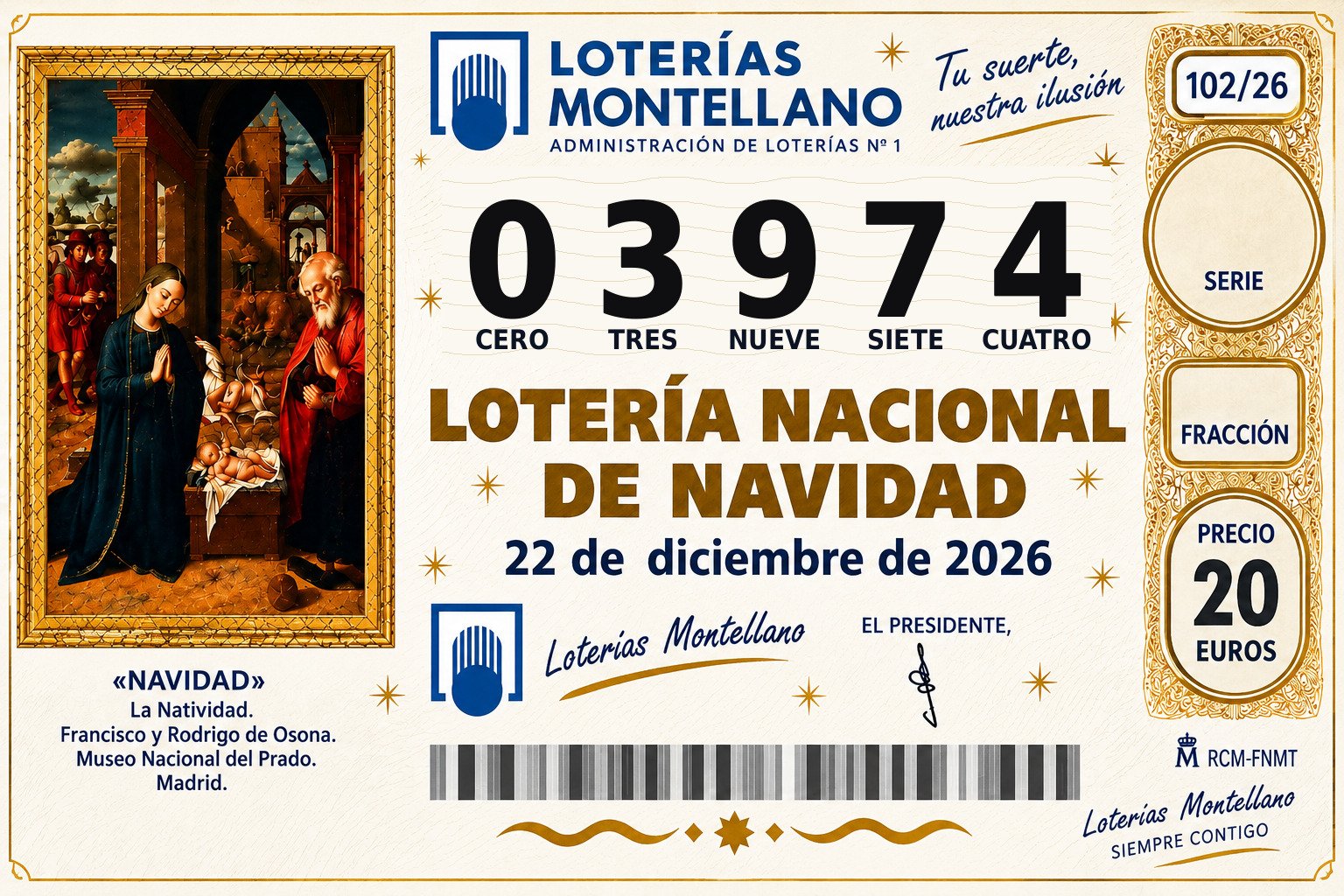 Décimo Lotería de Navidad 2026 – Nº 03974