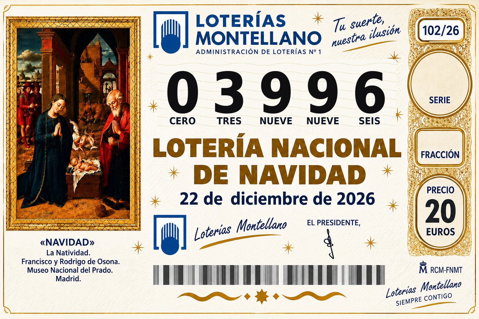 Décimo Lotería de Navidad 2026 – Nº 03996