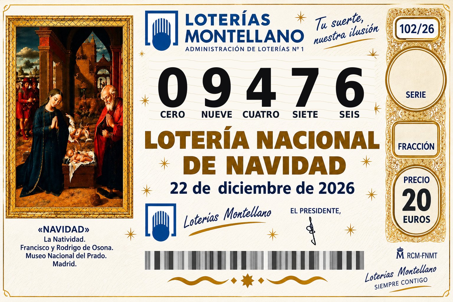 Décimo Lotería de Navidad 2026 – Nº 09476