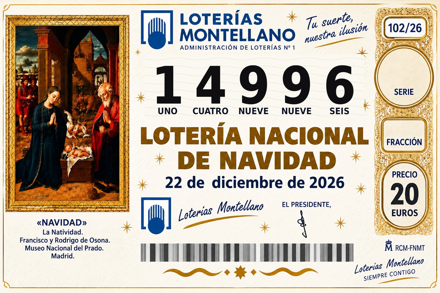 Décimo Lotería de Navidad 2026 – Nº 14996