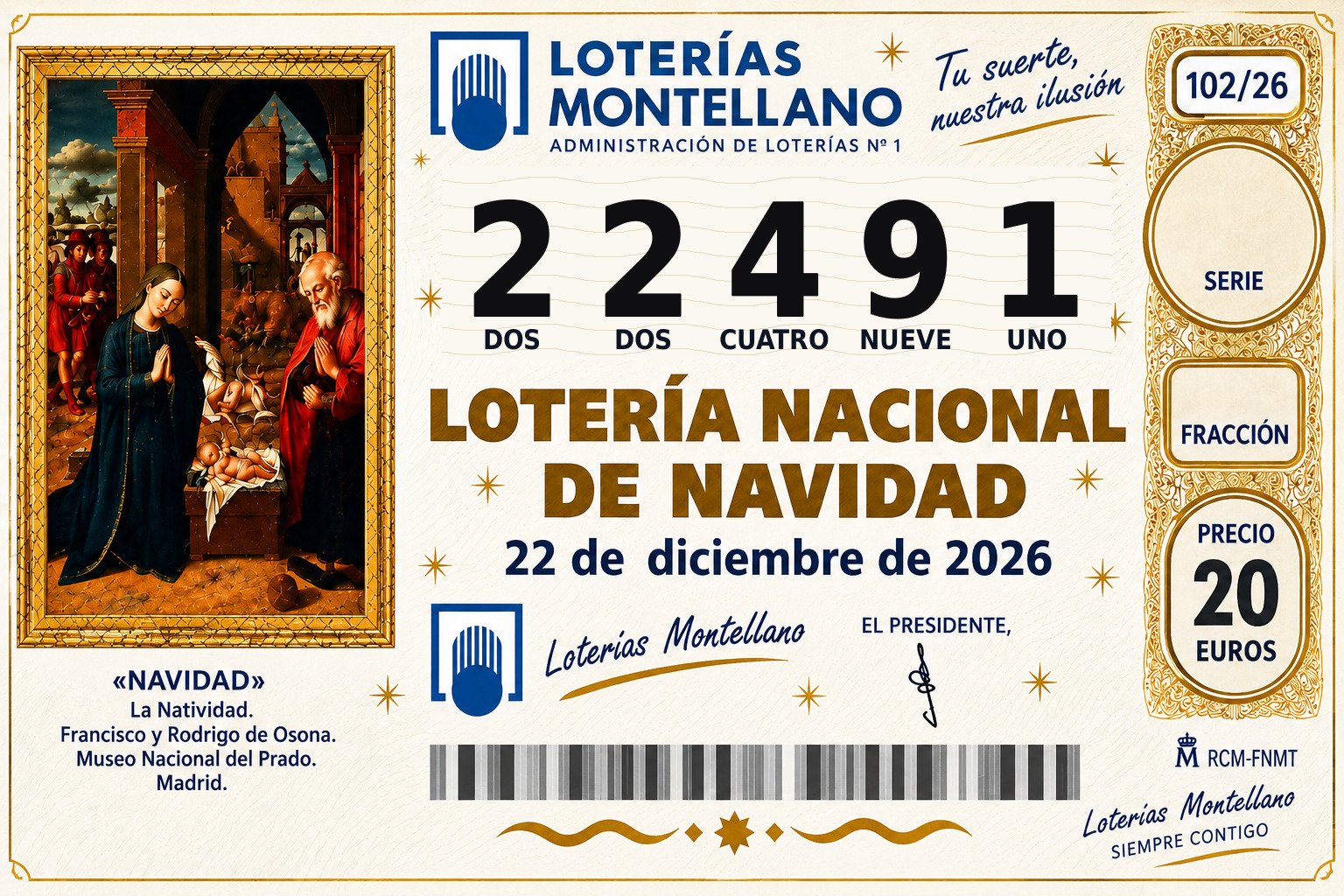 Décimo Lotería de Navidad 2026 – Nº 22491
